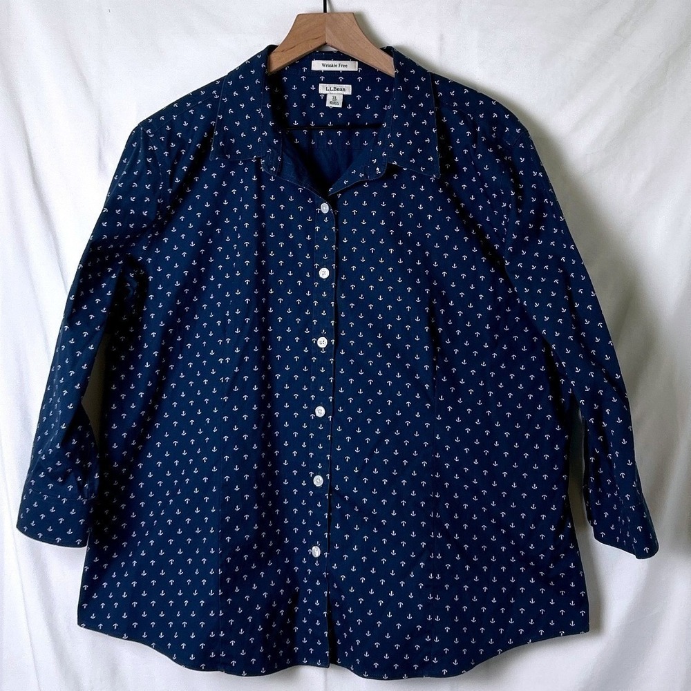 L.L.Bean Women Button Down Shirt Navy Blue Size XLP Anchor Print Wrinkle Free